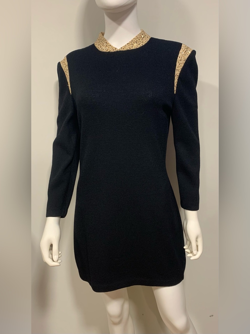 St. John Evening Black Dress Size 6 Gold Embellished Collar Cuffs Formal Midi